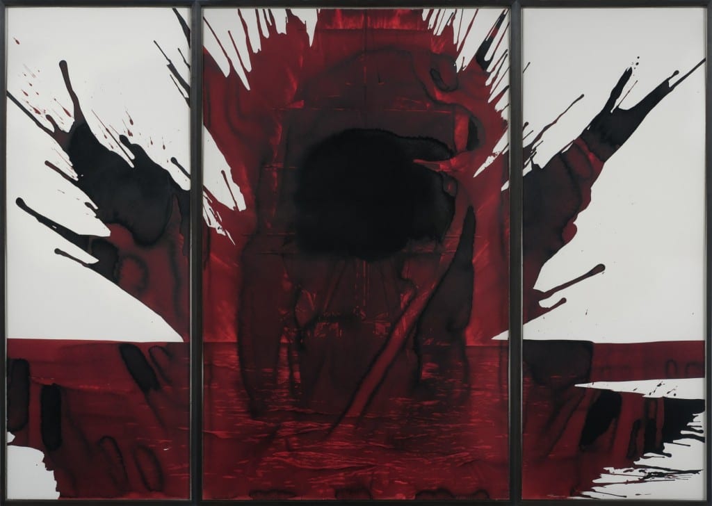 Tony de los Reyes, Eclipse, red blister on paper, triptych, 77 x 108.75", 2008