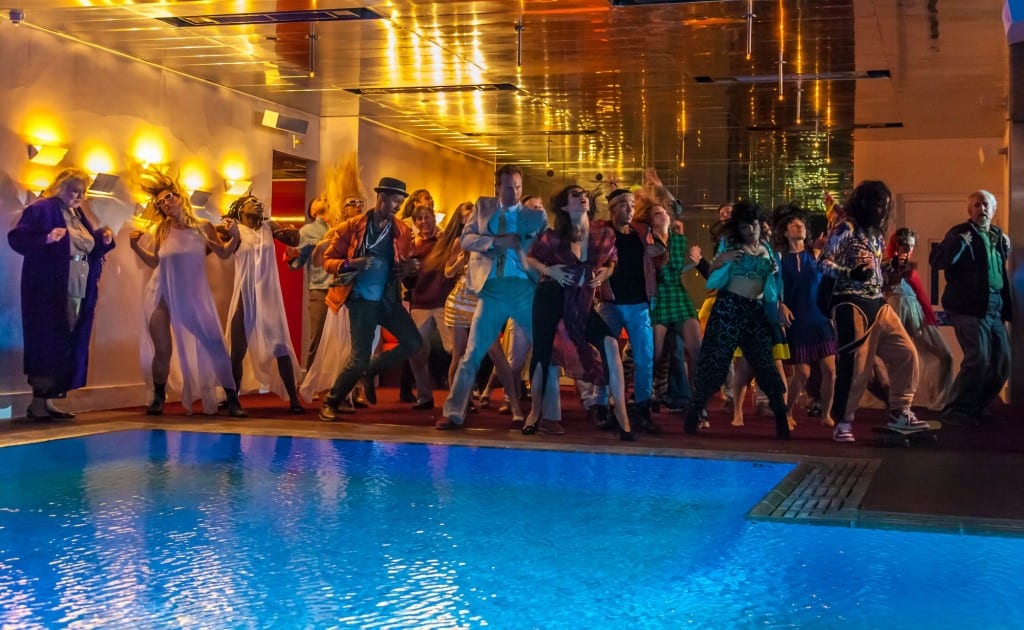 The cast of Sleepover LA during the film's final party scene, shot on the rooftop of The Standard, Downtown LA.  Photo by Randal Coombs 