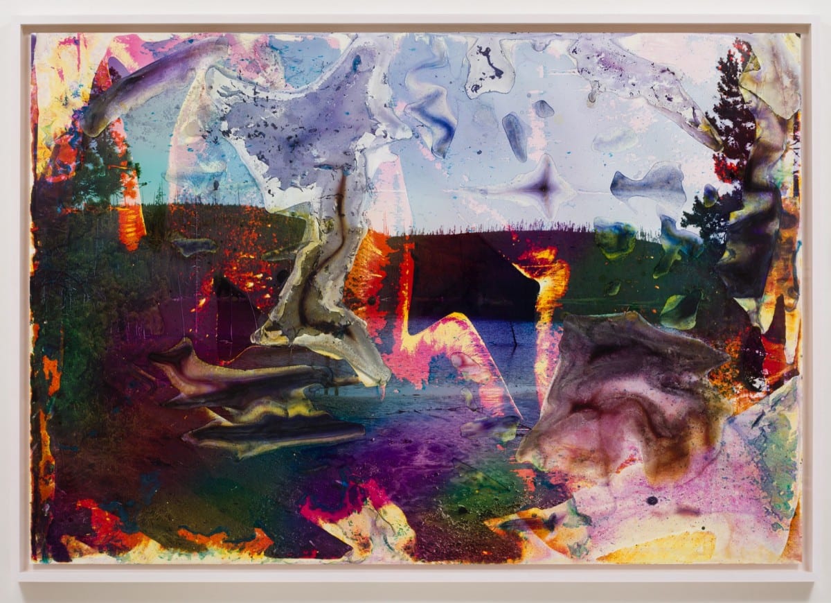 Matthew Brandt, Rainbow Lake WY 1, c-print soaked in Rainbow Lake water, 72” x 105”, Framed: 76 ⅜” x 109 ½”, 2013