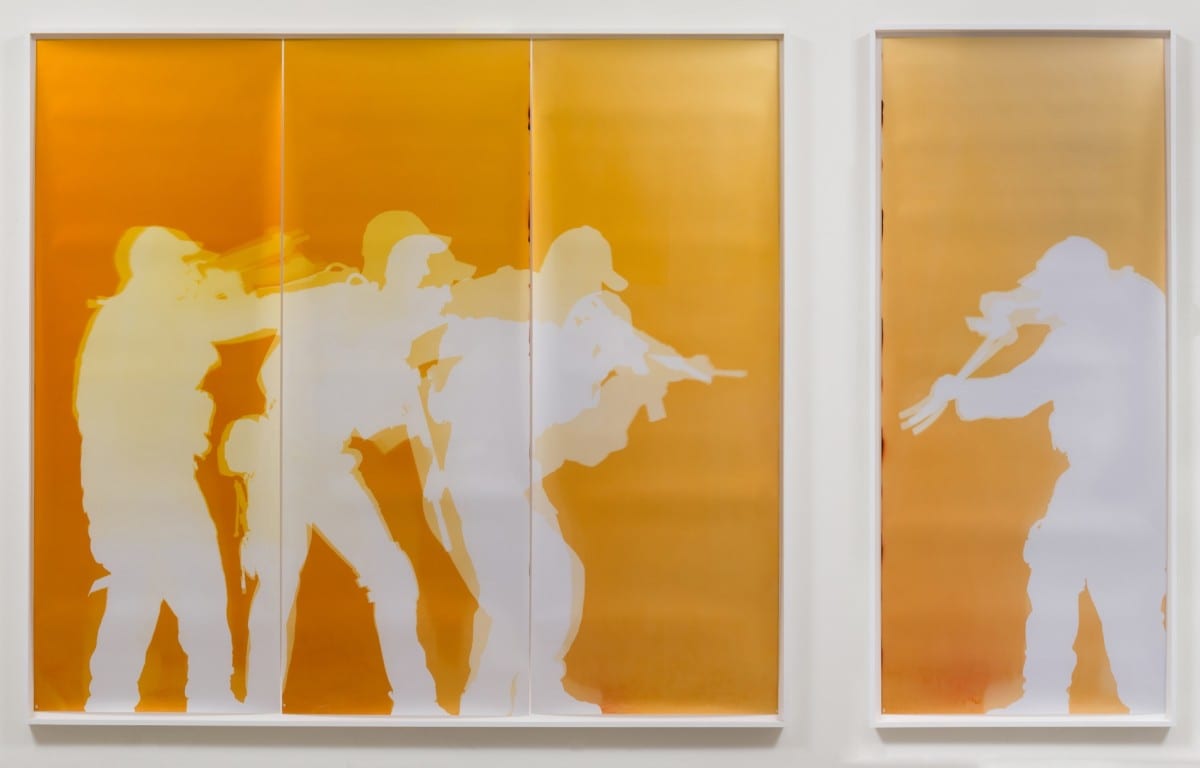 Farrah Karapetian, Stacking Your Door, unique chromogenic photogram (from performance), Panel 1 of 2: 98 ¼:” x 107 ¾”, Panel 2 of 2: 98 ¼” x 42 ¼” 2013 