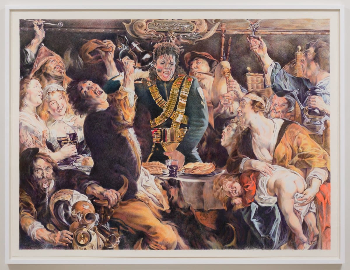 Eric Yahnker, Epiphany (The King Grabs Crotch), colored pencil on paper, 72” x 96”, 2013