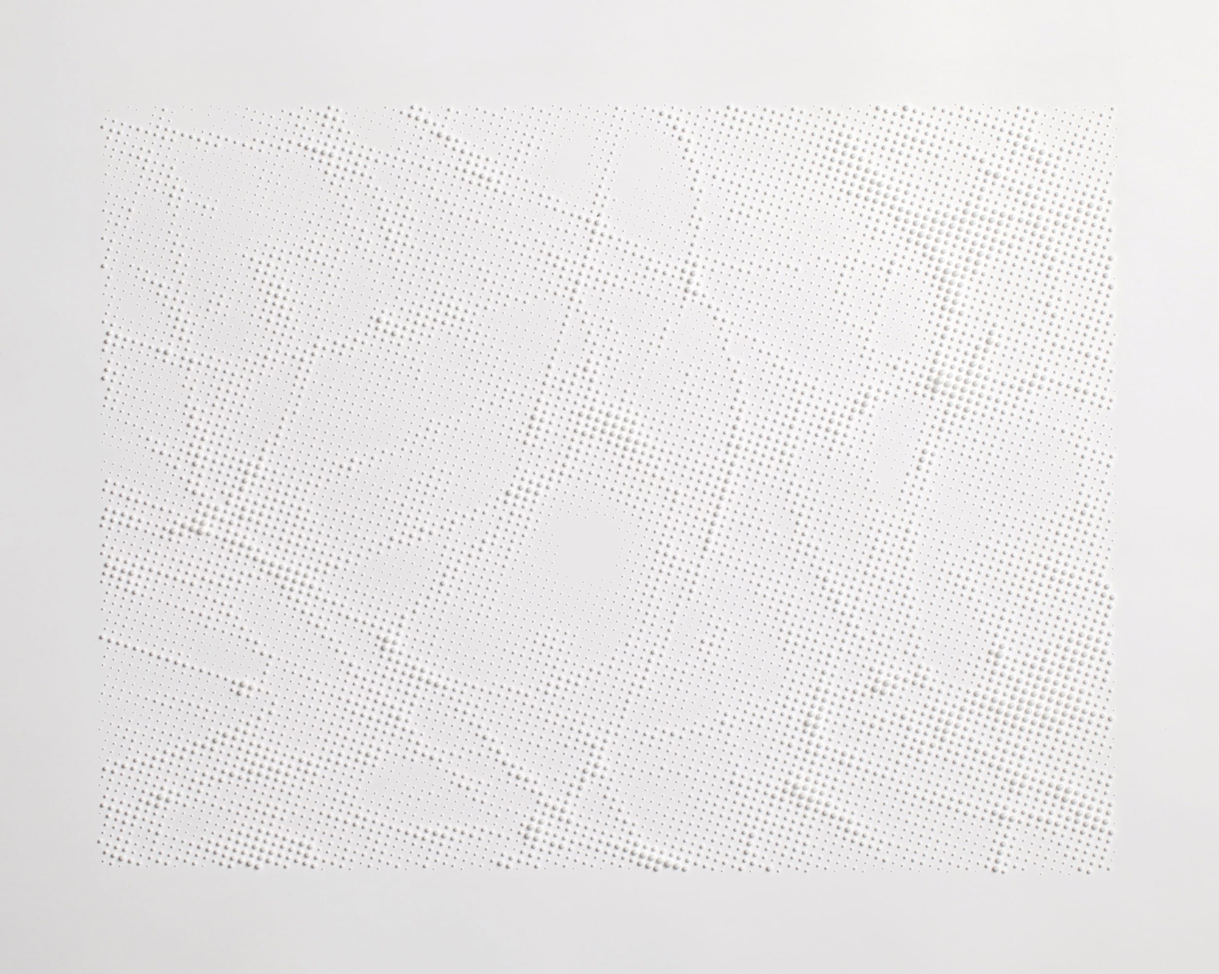 Gabriel de la Mora, 9,478 de la series Unicel, 9,478 bolitas de unicel sobre papel, 103.6 x 68.1 x 6 cm framed, 2012.