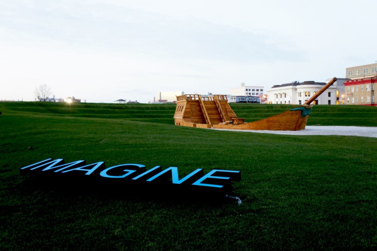 From left to right: Robert Barry’s illuminated text piece and Ilya & Emilia Kabakov’s Devil’s Rage. Photograph by Layman Lee. 