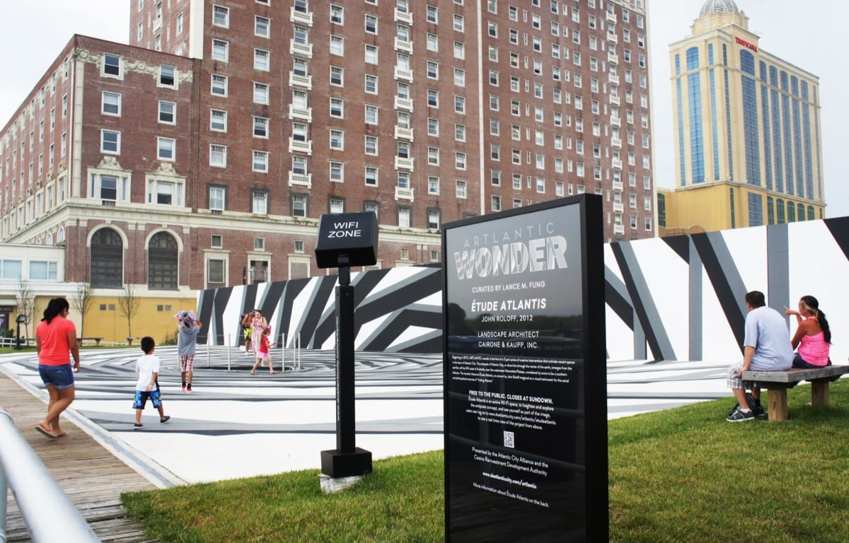 John Roloff’s Étude Atlantis is the first free outdoor Wi-Fi spot in Atlantic City, reinforcing the global connectivity of the exhibit. Photograph by Layman Lee. 