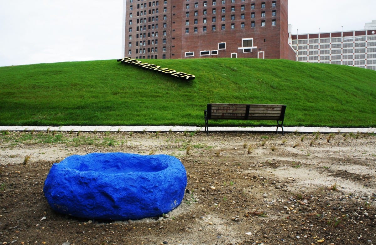 Robert Lach’s Refuge Nest Colony consisting of brightly colored Fiberglass Reinforced Polyester nests in front of Robert Barry’s text installation embedded in the earthen mounds. Photograph by Layman Lee. Image courtesy of Fung Collaboratives.  