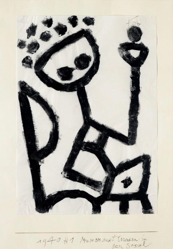 Paul Klee, MUMOM sinkt trunken in den Sessel (MUMOM, Drunk, Collapses into an Armchair), Coloured paste on paper on cardboard , 11 ⅗” x 8 3/10” , 1940, Photo by Peter Schibli, Basel, Fondation Beyeler