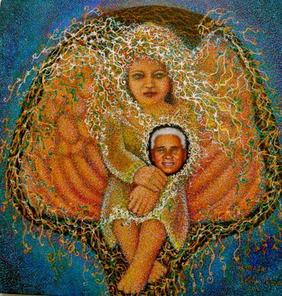 Ester Petchar, Magu & Angel, Pointillism, 14” x 14”, 2012