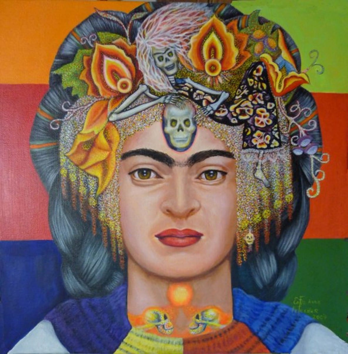 Ester Petchar, Young Frida, Pointillism, 14” x 14”, 2008