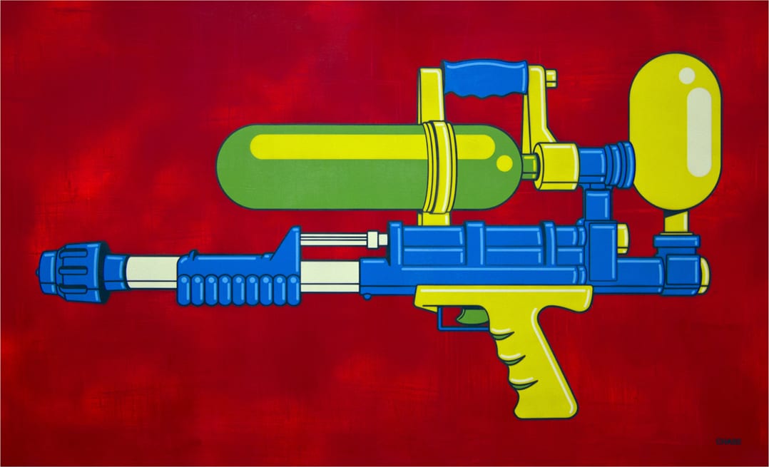 Chase, Portrait of a Supersoaker, spray paint and stencils on panel, 40” x 30” 