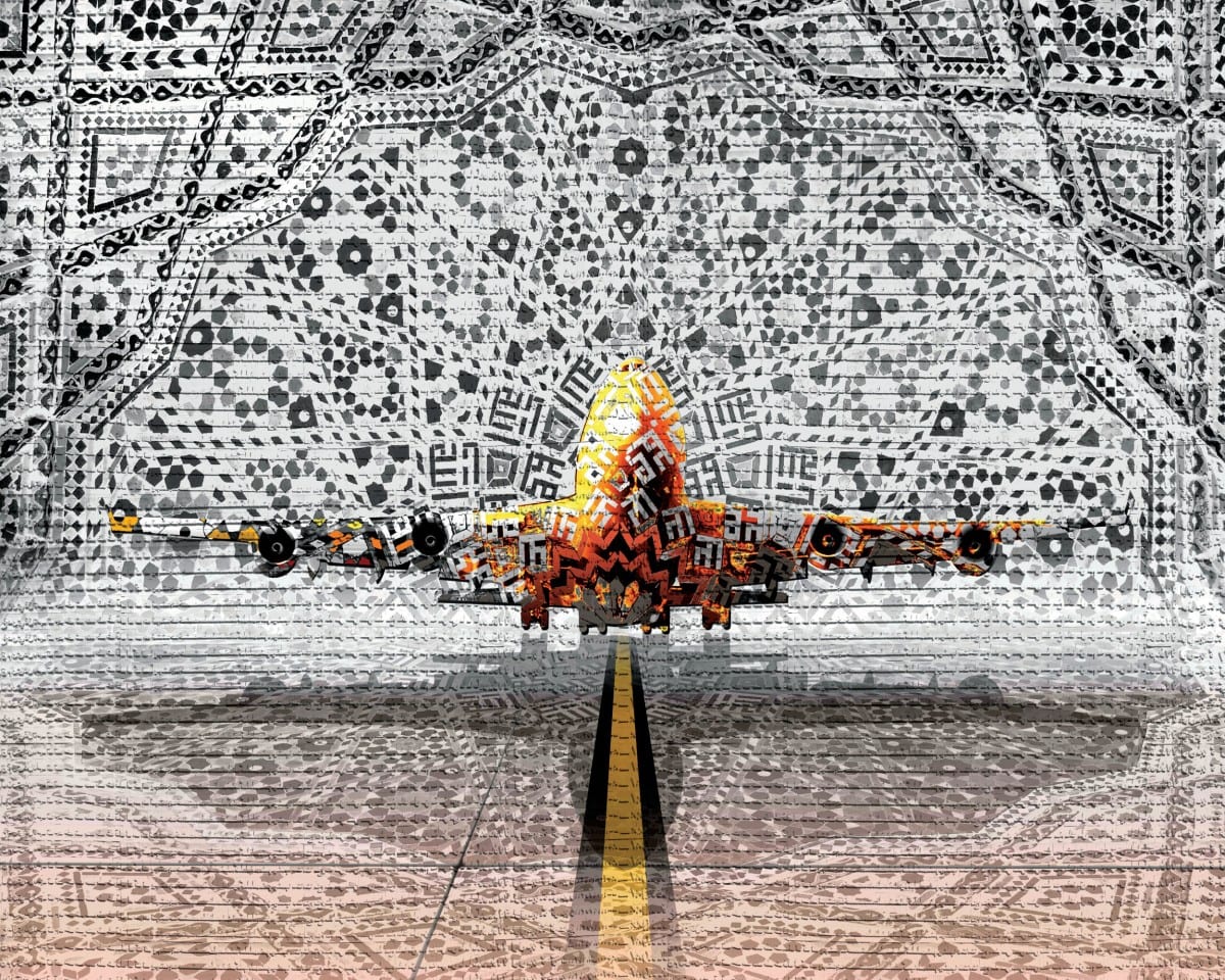 Abdulnasser Gharem, In Transit - Fighter, Rubber stamps digital print and paint on 9 mm Indonesian Plywood board, 2013 © of the artist and Edge of Arabia