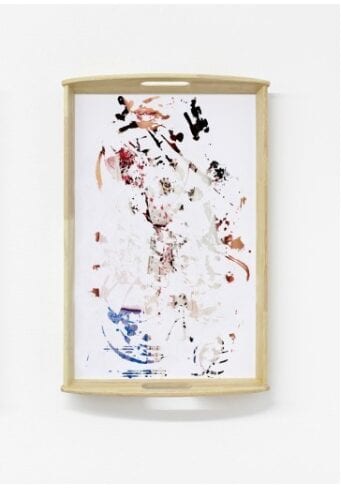 Aude Pariset, Hosted Ceremony/Klack tray (Warehouse), inkjet print and liquid fixative on tray, 57.5” x 37.5” x 6.8”, 2013, courtesy of the artist 
