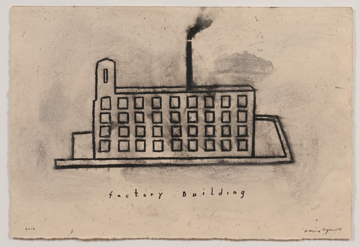 David Lynch, Factory Building, mixed media on paper, 15¼”x 22¼”, 2012. Photo Credit: Robert Wedemeyer. Courtesy of the artist and Kayne Griffin Corcoran, Los Angeles.