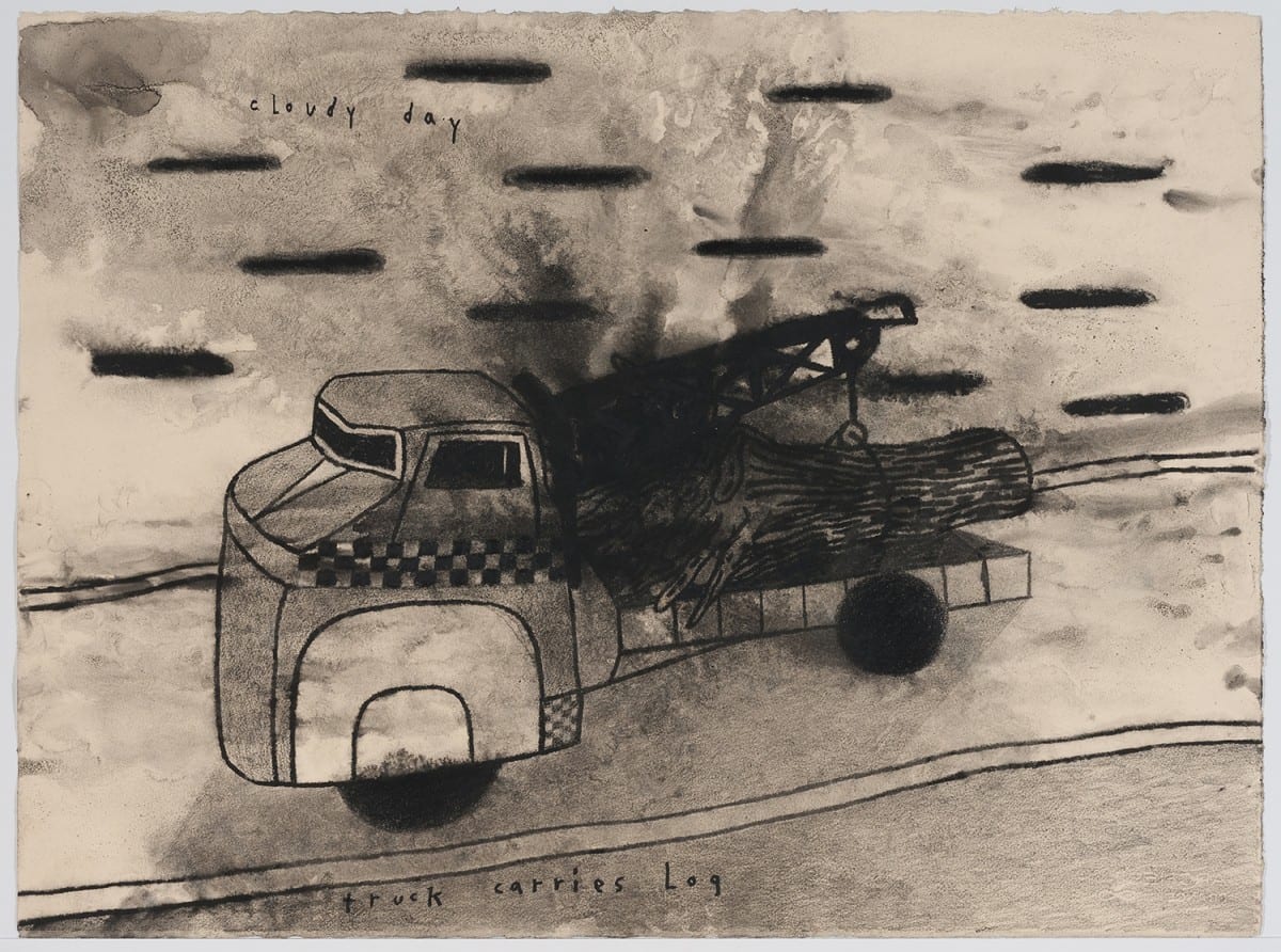 David Lynch, Truck Carries Log, mixed media on paper, 22¼”x 30”, 2013. Photo Credit: Robert Wedemeyer. Courtesy of the artist and Kayne Griffin Corcoran, Los Angeles.