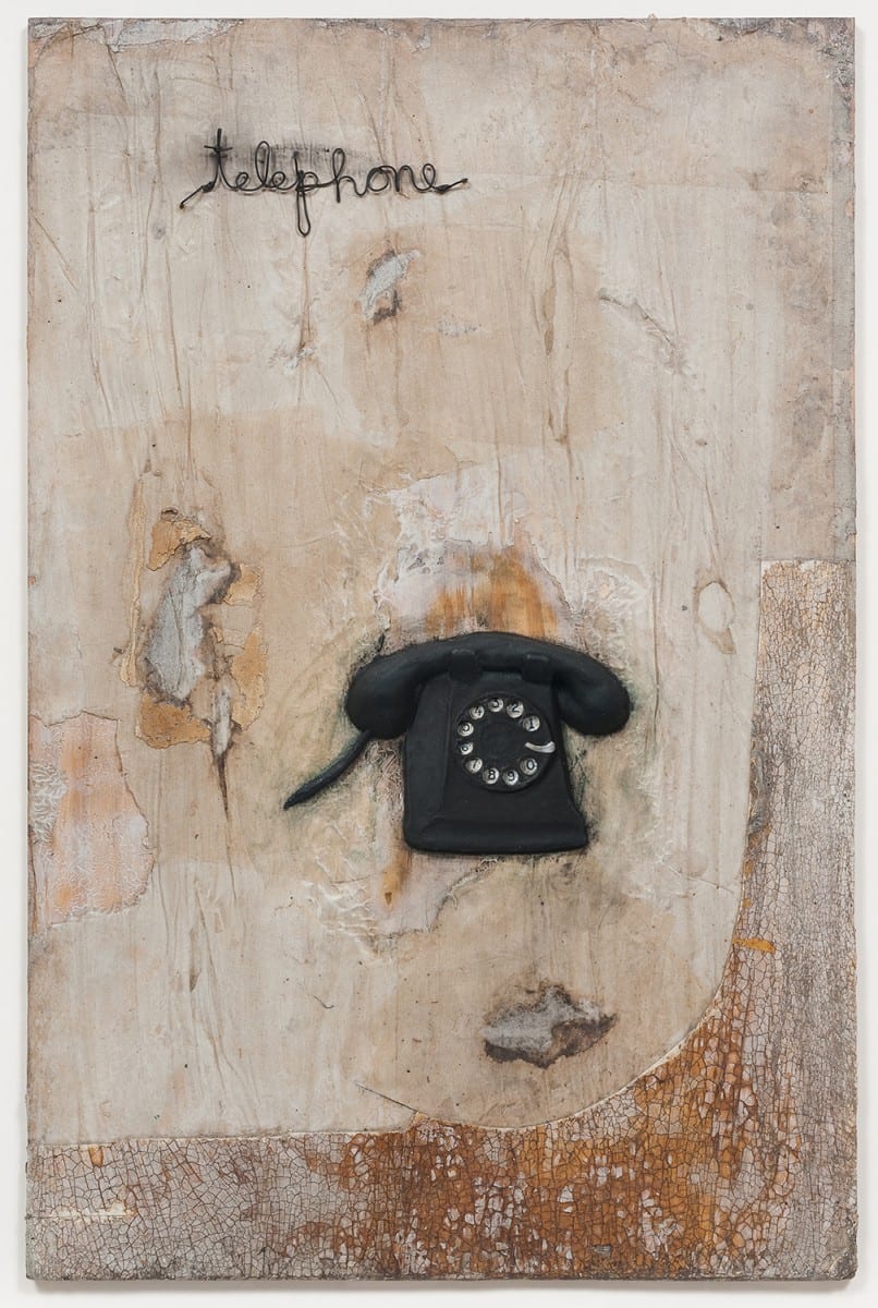 David Lynch, Telephone, oil and mixed media on canvas, 40⅜”x28⅜” framed. Photo Credit: Robert Wedemeyer. Courtesy of the artist and Kayne Griffin Corcoran, Los Angeles. 