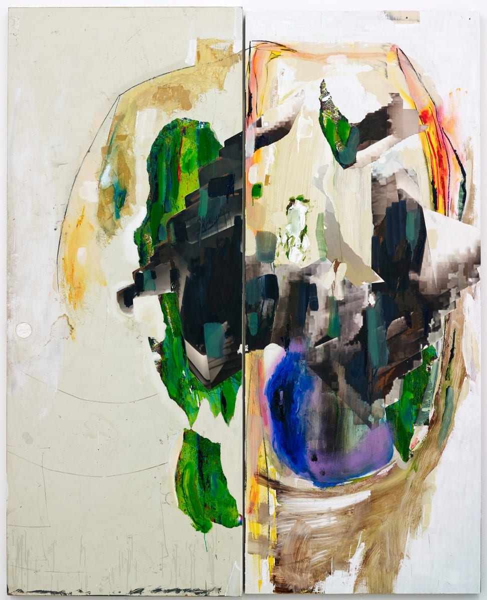 Michael John Kelly, Mask 5, Oil, acrylic, pigment print collage on panel, 80” x 64”, 2012