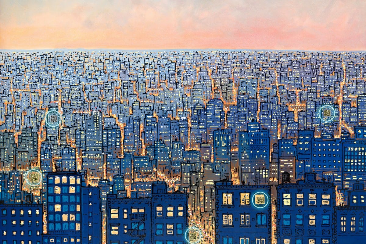 Tony Taj, The City - AMP, mixed media on canvas, 24"x32", 2011 ( AMP's highlighted )  