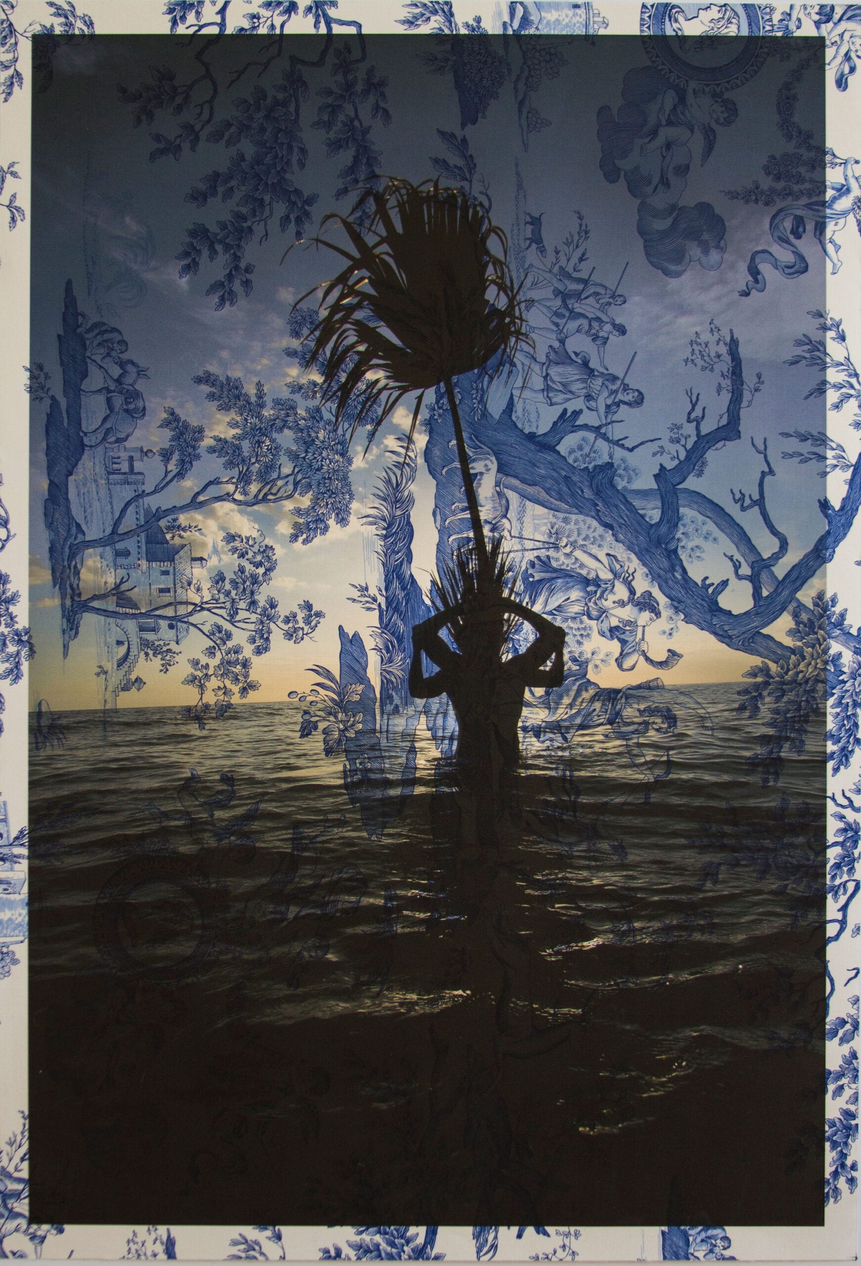 Tim Hailand, Arnaud Cizergues and Damien Jalet Gulf of Mexico sunset (on blue mythical toile), digital pigment print on patterned toile de Jouy fabric, 38" x 26", unique print, 2013