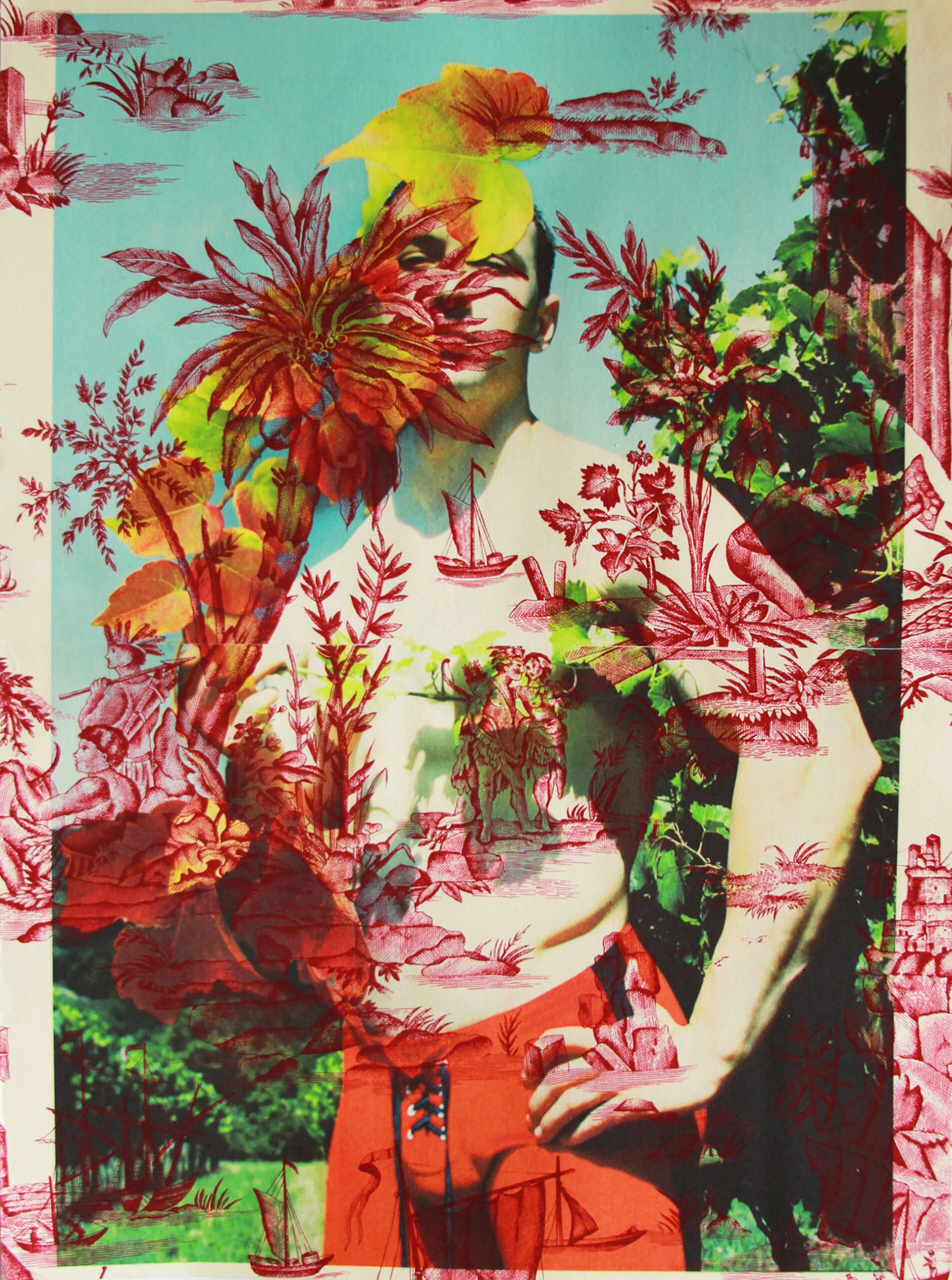 Tim Hailand, Dan Vineyard Vienna re-photographed Berlin (on Red Indian toile), digital pigment print on patterned toile de Jouy fabric, 25" x 19", unique print, 2012