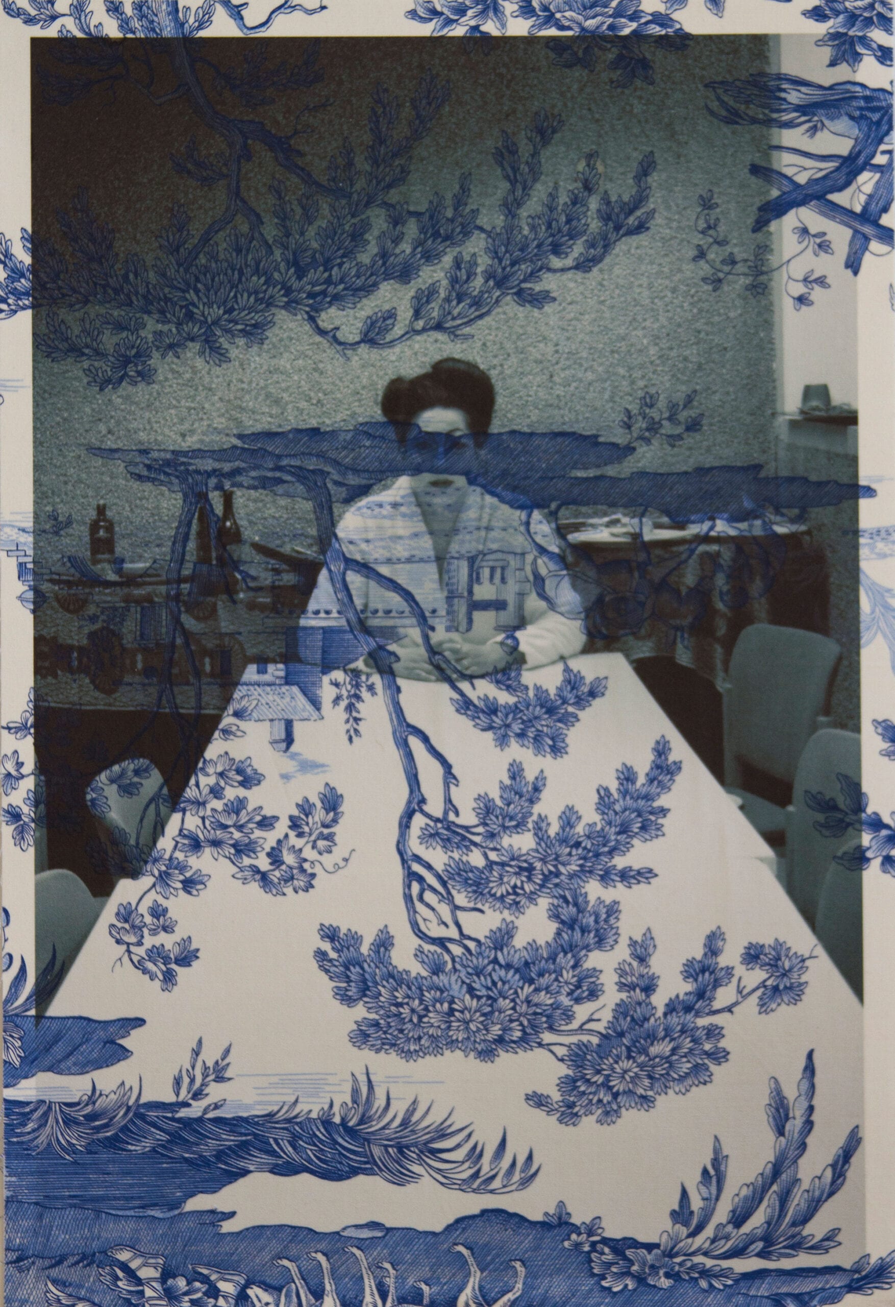 Tim Hailand, Marina Abramovic backstage Antwerp (on blue mythical toile), digital pigment print on patterned toile de Jouy fabric, 19" x 13", unique print, 2012