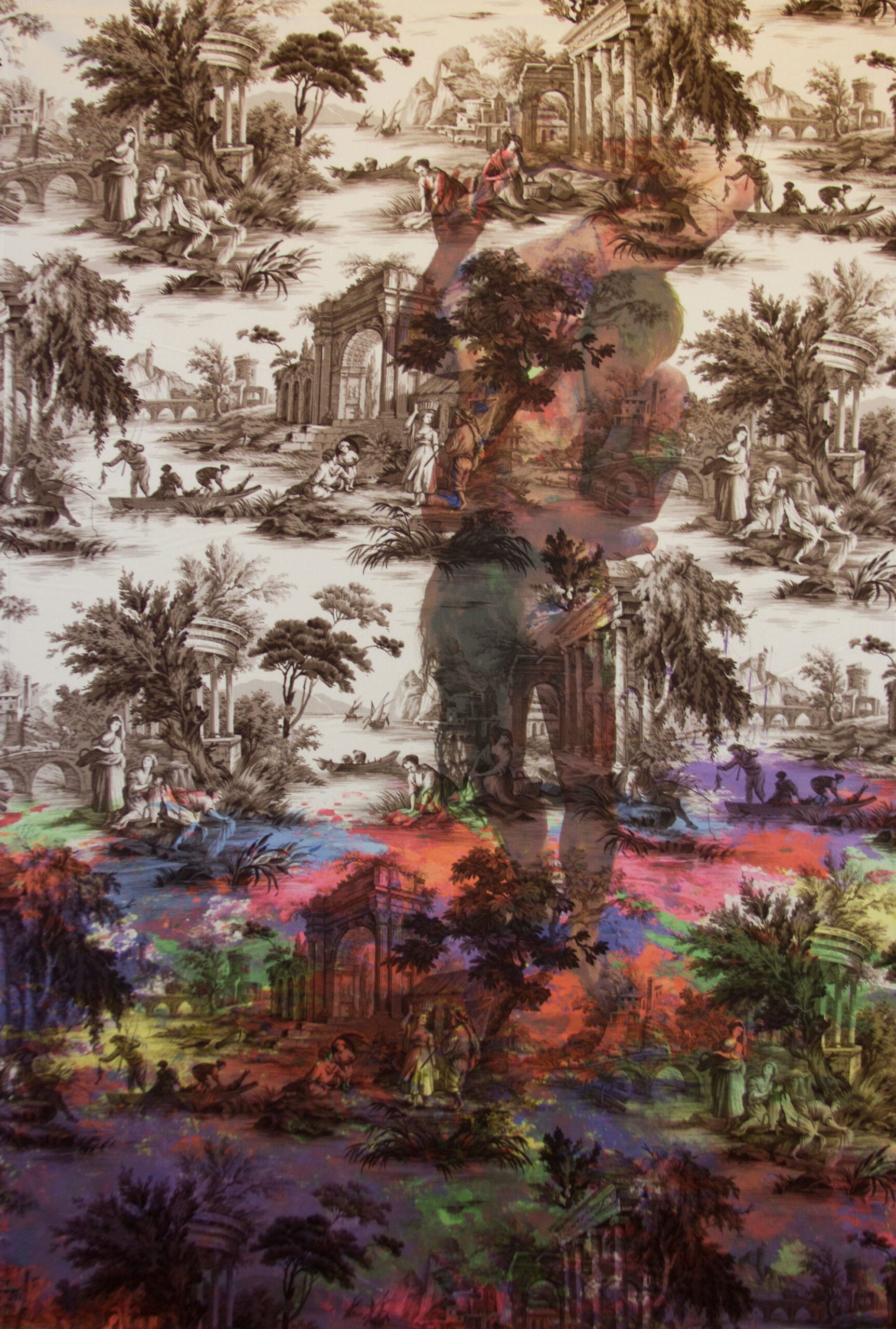 Tim Hailand, Damien Jalet and Alexandra Gilbert in Jim Hodges paint sculpture New York (on brown pastoral toile), digital pigment print on patterned toile de Jouy fabric, 60" x 40", unique print, 2013