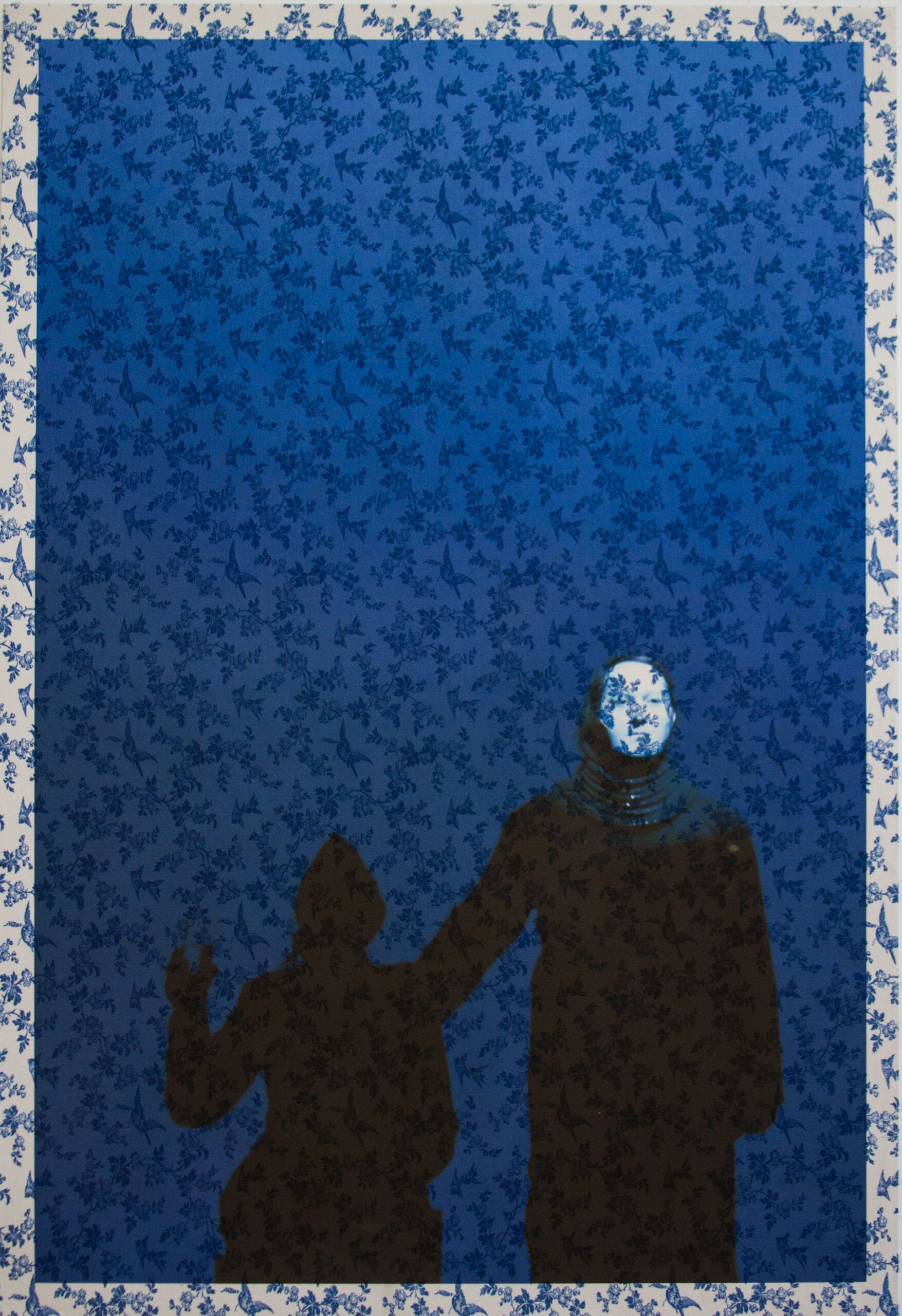 Tim Hailand, Marina Abramovic and Antony on stage Manchester (on Bluebird toile), digital pigment print on patterned toile de Jouy fabric, 38" x 26", unique print, 2012