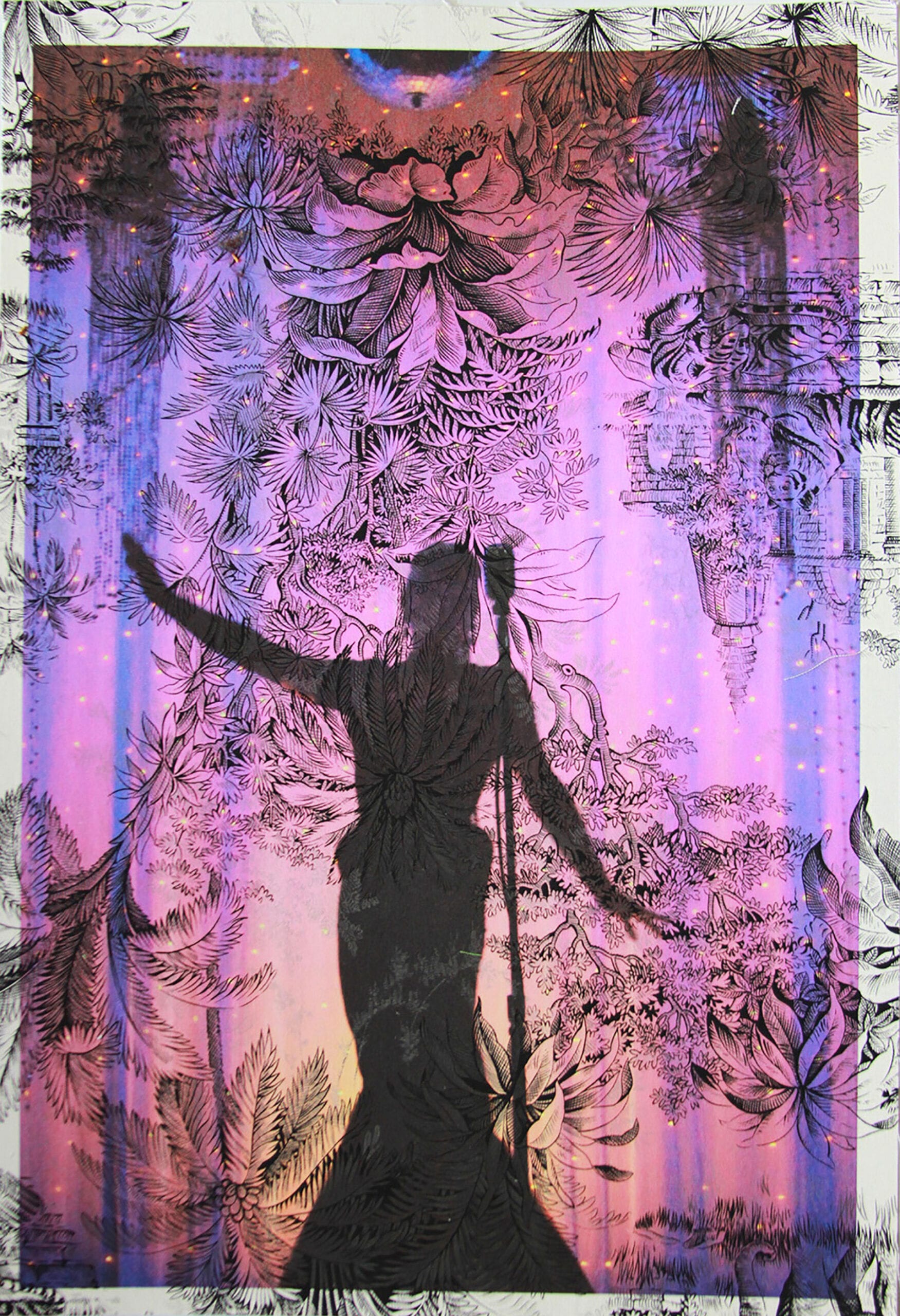 Tim Hailand, Joey Arias in Mugler gown New York ( on black tiger toile), digital pigment print on patterned toile de Jouy fabric, 19" x 13", unique print, 2012