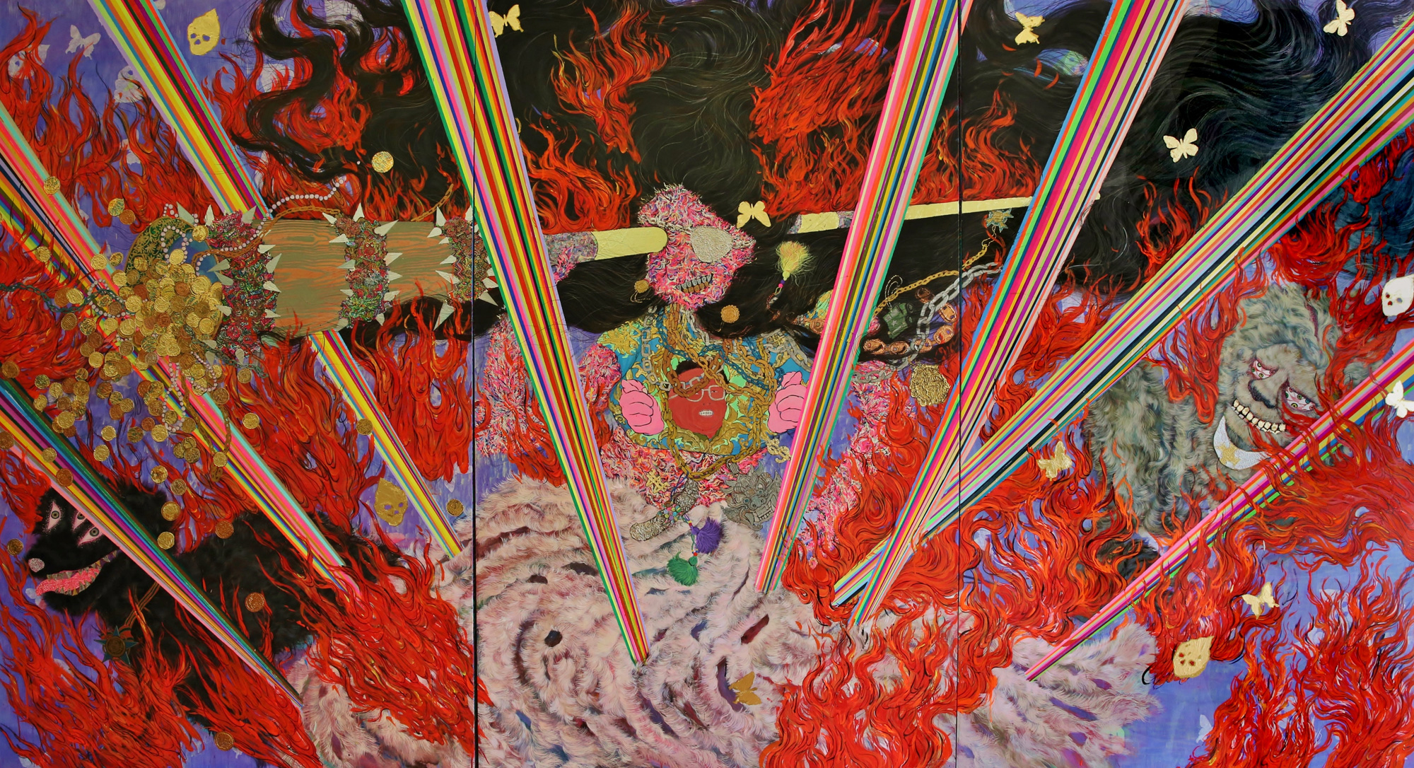 Hyon Gyon Park, Amulet, acrylic and Japanese paper on panel, 79" x 147", 2014