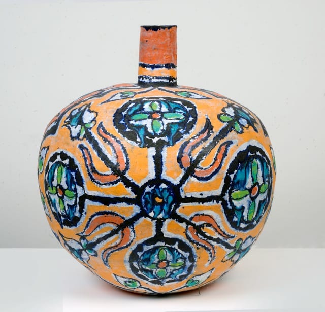 Elisabeth Kley, Large Round Gold & Red Bottle with Trident Leaves, glazed earthenware, 21" tall, 2013  © SEASON