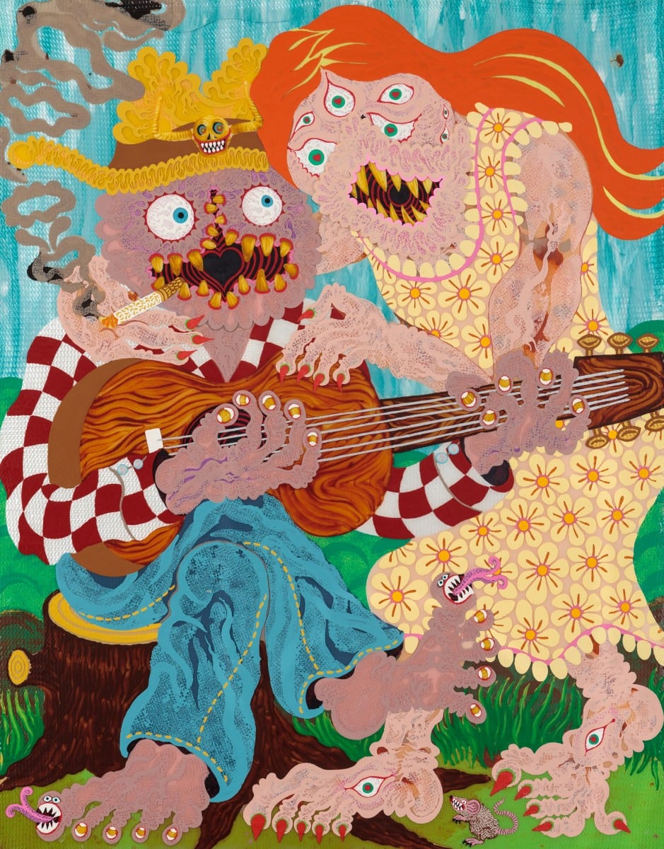 Aaron Johnson, This old guitar, acrylic on polyester knit mesh, 28" x 22", 2014.  