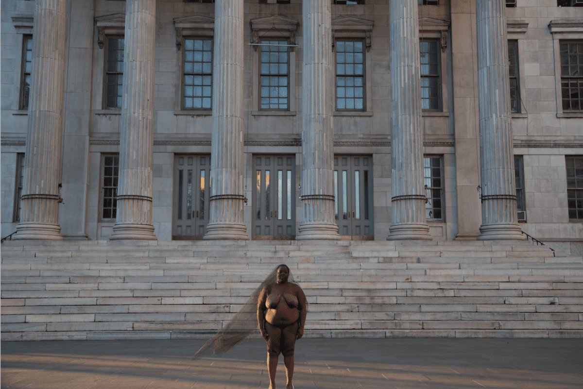 Nona Faustine, Lenapehoking, in the land of the Lenape, Borough Hall, 2016, Archival Pigment Print, 27 x 40 in.  Image © if the artist and Baxter St at CCNY. 