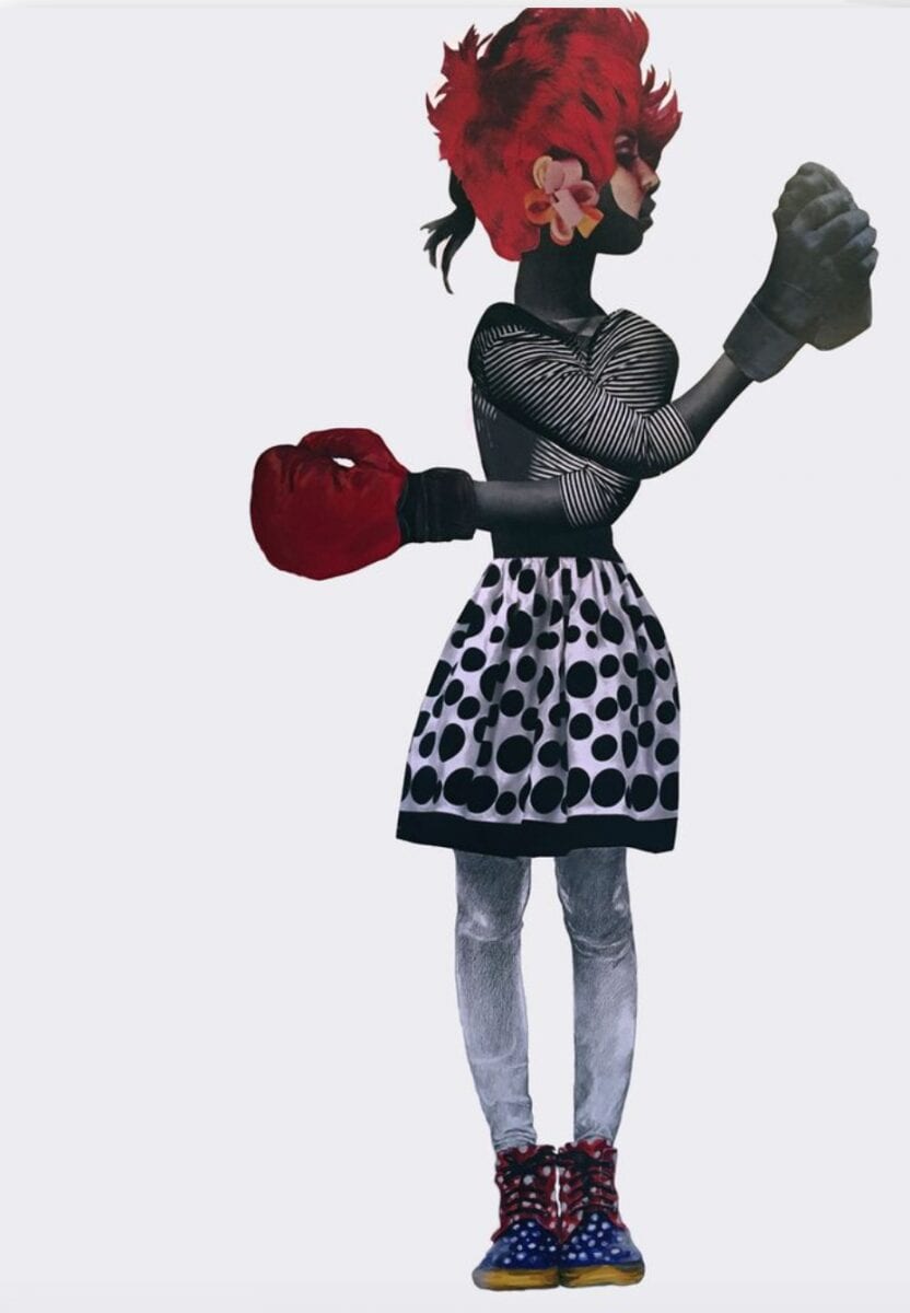 Deborah Roberts, Tug of War, 2016, Mixed media on paper, 32 x 44 in.  Image © of the artist and Art Palace.  